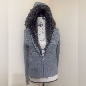 Gray Hooded Women's Sweater w/ BB Dakota Faux Fur Trim